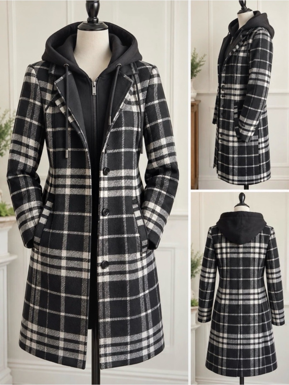 RACHEL Rachel Roy Black & White Plaid Hooded Trench Coat